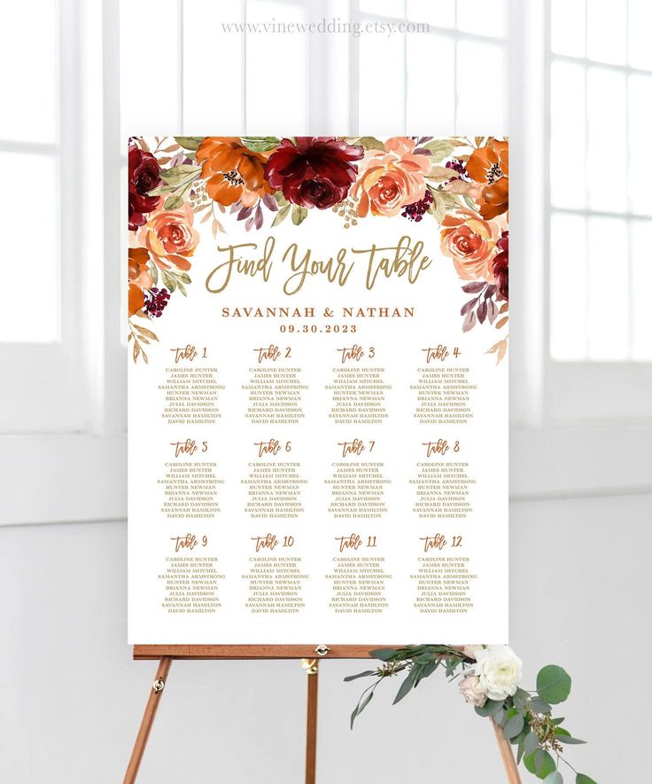 a floral wedding seating chart on an easel