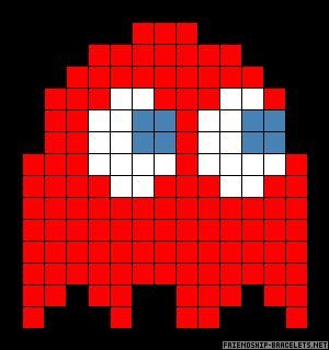 an old school pixel art style red and white pacman with blue eyes on black background