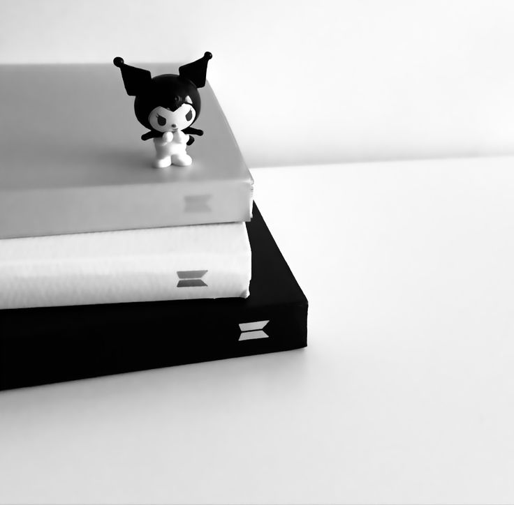 a black and white photo of a small figurine on top of two books