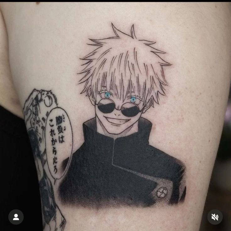 a person with a tattoo on their arm that has an anime character drawn on it