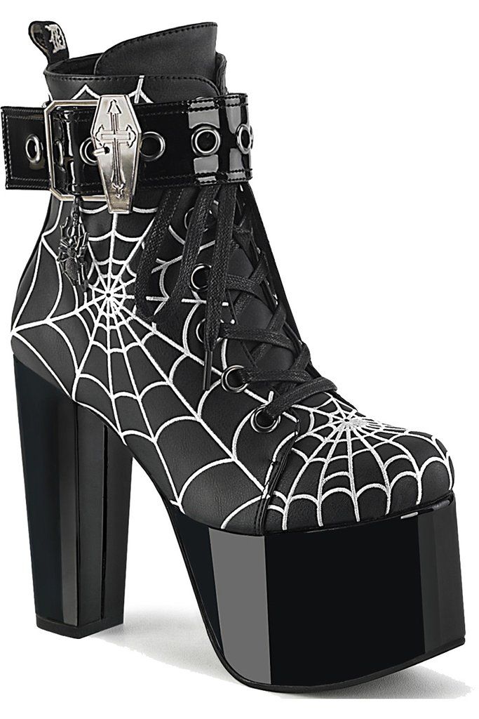 Demonia TORMENT 51 Black Vegan Leather Spiderweb Boots.Stunning high-heeled platform boots with a killer all-over Spiderweb design and hanging spider pendant. The addition of a coffin buckle on the ankle strap spooks up these sultry shoes even more! The vegan faux leather finish is stylish and cruelty free. Material: Vegan Faux Leather. Heel: 5.5"/14cm. Calf Circumference: 9.6"/24.4cm. Shaft Height: 5.4"/13.7cm. Closure: Inside Side Zipper. Brand: Demonia. Size options in this listing are for Wo Goth Platforms, Demonia Boots, Goth Shoes, Goth Boots, Demonia Shoes, Gothic Shoes, Dr Shoes, Buckle Top, Black Platform Boots