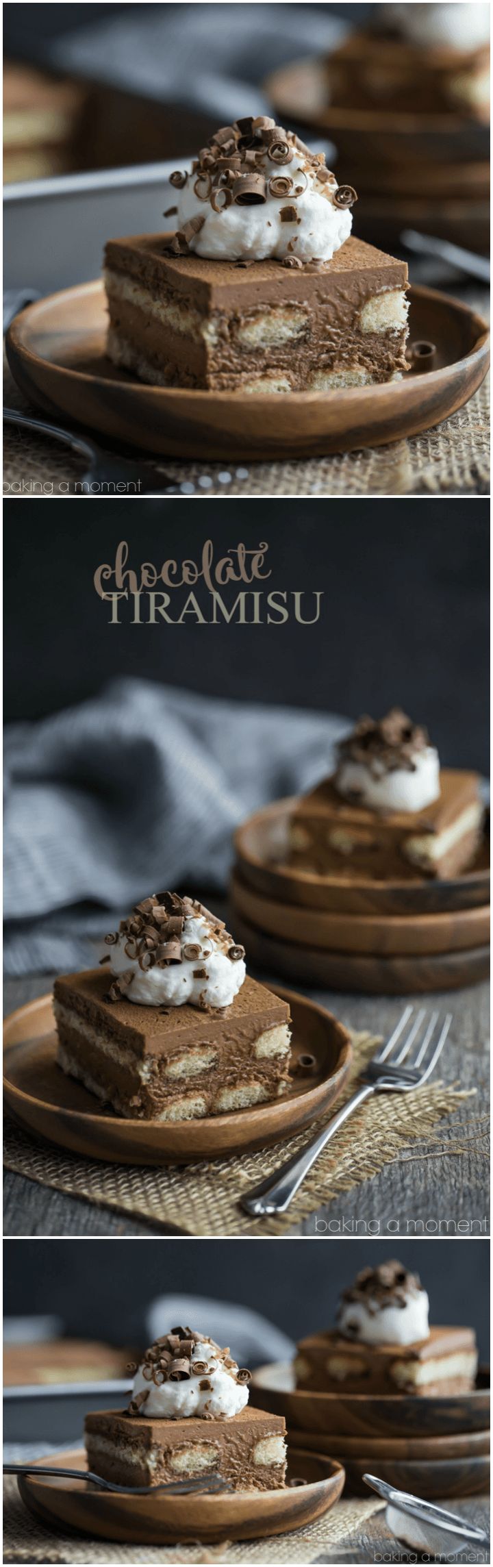 two pieces of chocolate tirami dessert on plates