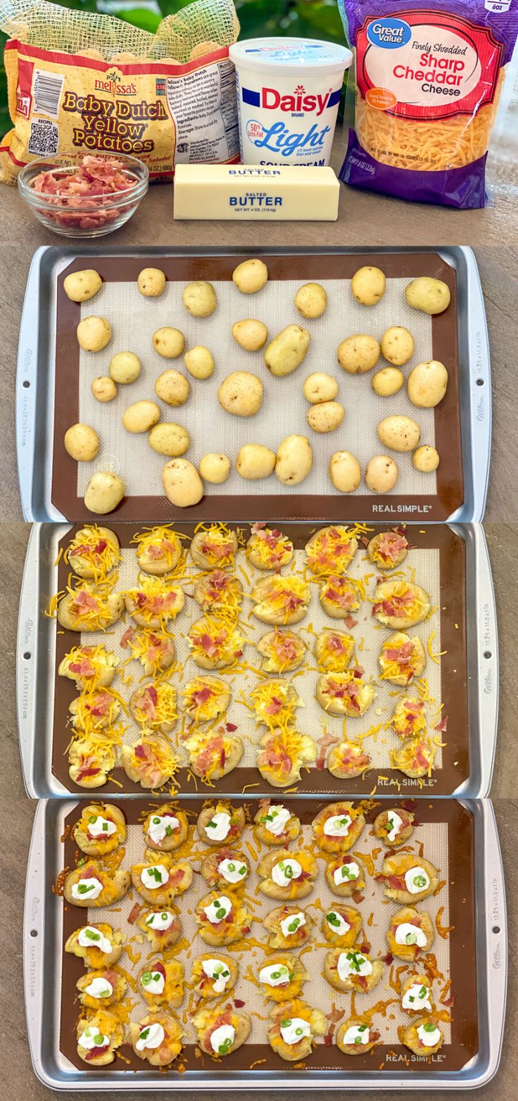 three trays filled with food sitting on top of a table next to each other