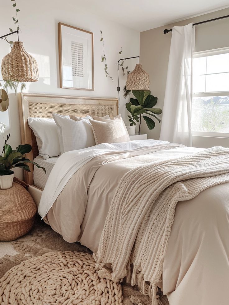 a bedroom with white bedding and plants in the corner