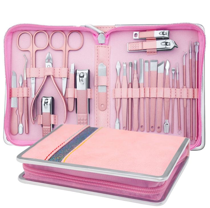 Manicure Pedicure Kit Nail Set Clipper Grooming Cuticle Professional Tool Clean The Professional Manicure and Pedicure Set is a comprehensive 26-piece nail care kit designed specifically for women. This set includes a wide range of tools for nail care, facial care, and foot care, making it the perfect all-in-one solution for your self-care needs. With this kit, you can enjoy the happiness of a professional manicure and pedicure in the comfort of your own home. The nail care tools in this set are made of high-quality stainless steel, ensuring durability and long-lasting performance. The ultra-sharp blades with curved edges provide precision trimming for both fingernails and toenails. The non-slip handle design of the nail clippers offers a comfortable grip, making it easy to use these tools Diagonal Nails, Nail Care Kit, Fingernail Clippers, Pedicure Colors, Professional Manicure, Pink Manicure, Pedicure Manicure, Pedicure Set, Foot Spa