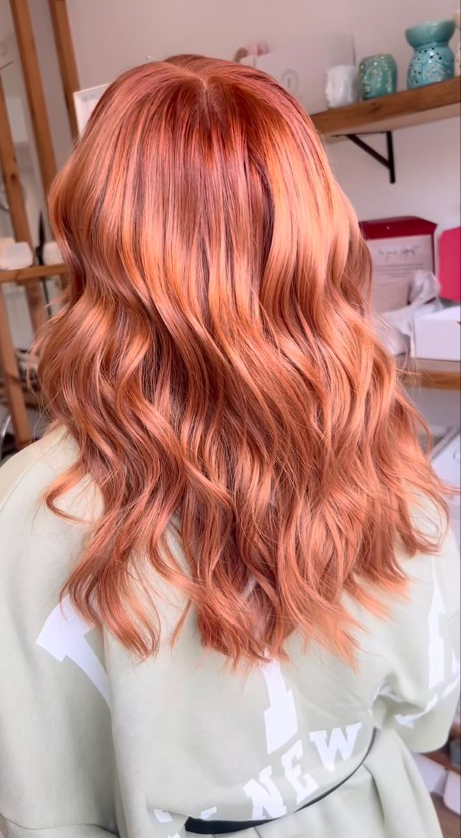 Copper Hair With Rose Gold Highlights, Ginger Rose, Copper Pink Hair Rose Gold, Copper Peach Hair Color, Rose Gold And Copper Hair, Peachy Hair Color Rose Gold, Creamsicle Hair Color, Coral Copper Hair, Rose Gold Hair Copper