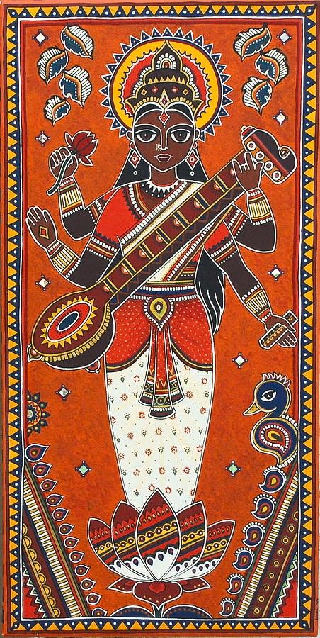 Devi Saraswati, Saraswati Painting, Gifts Illustration, Madhubani Paintings, Kalamkari Painting, Indian Painting, Madhubani Art, Deco Originale, Madhubani Painting