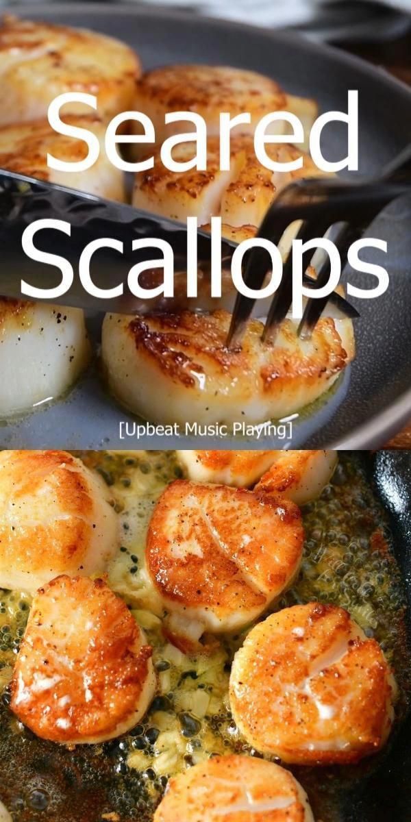 seared scallops cooking in a skillet with text overlay that reads, seafood scallops