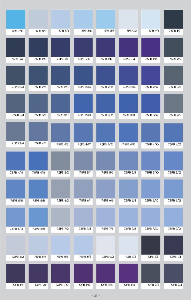 the color chart for different shades of blue and gray, with text that reads colors in each