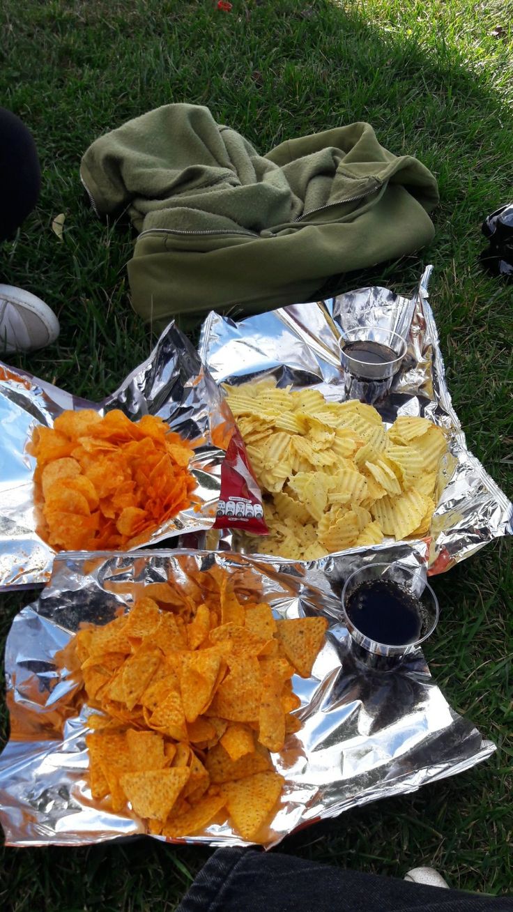 some food is laying out on the grass