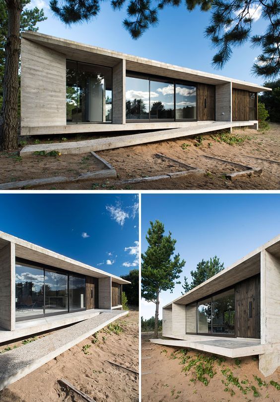 three different shots of a house in the middle of some dirt and grass with trees around it