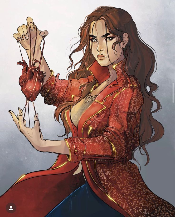 a woman with long brown hair wearing a red dress and holding a heart in her hands