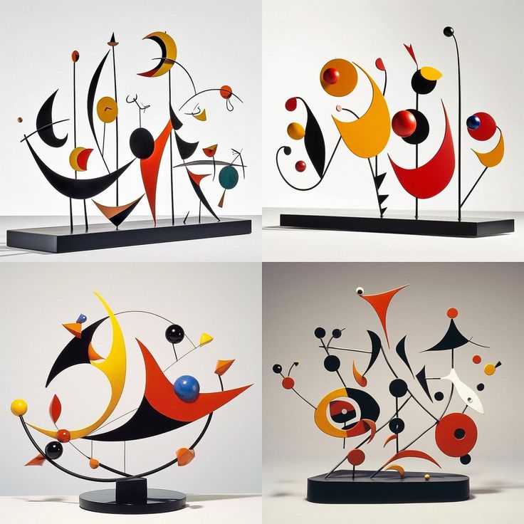 four different sculptures are shown on display in three different positions, each with an abstract design