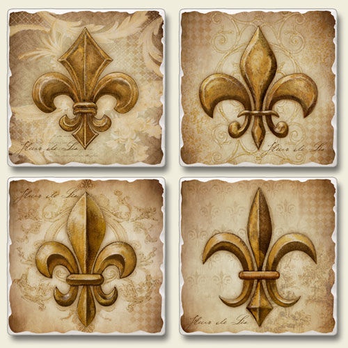 four gold fleur de lis on old paper