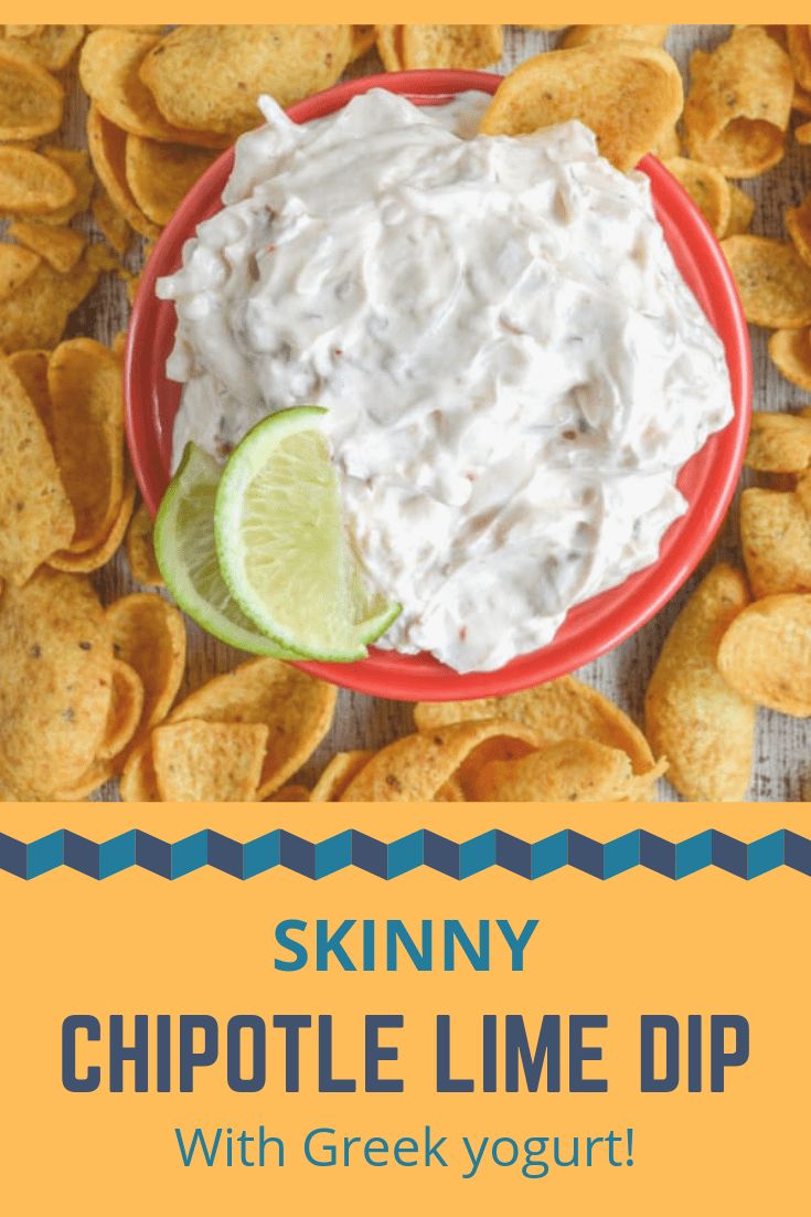 a bowl of dip with tortilla chips around it and the text skinnyy chipotle lime dip