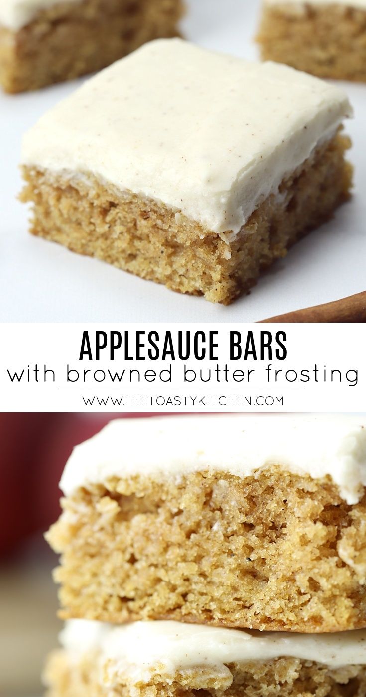 there are two pieces of cake with white frosting on top and the other half has applesauce bars