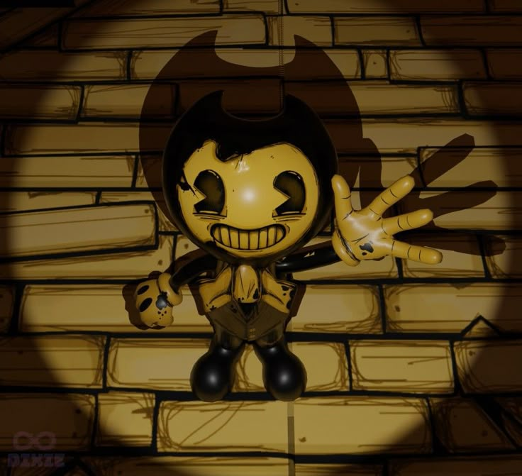 a cartoon character standing in front of a brick wall with his hands up to the side