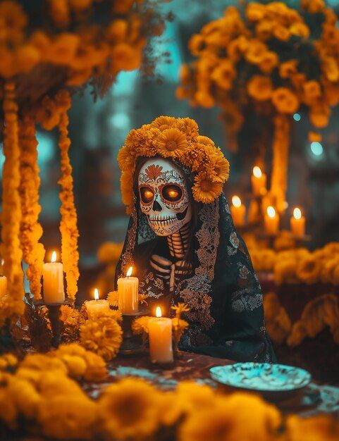 a skeleton sitting in front of candles with orange flowers on the ground and trees around it