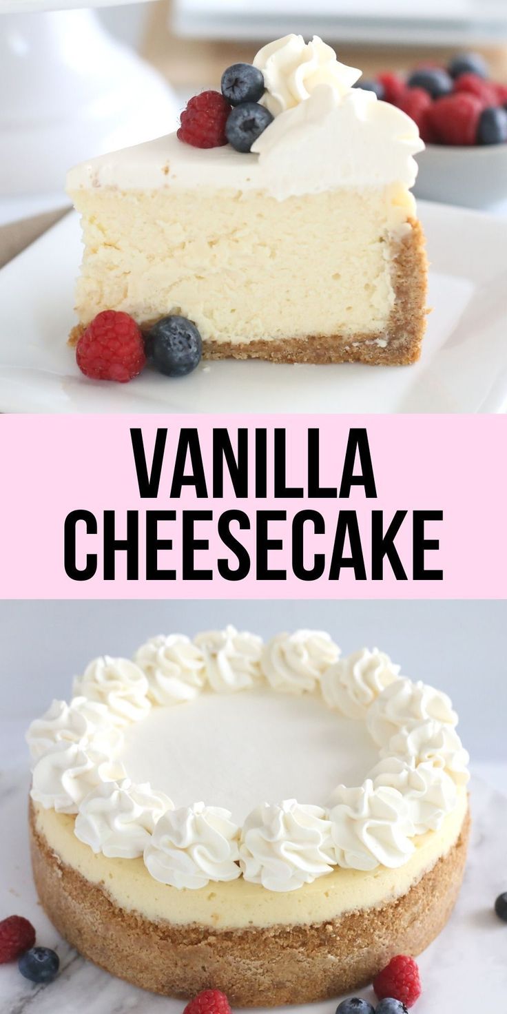 vanilla cheesecake with berries and whipped cream on top