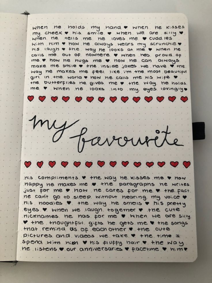 an open notebook with the words my favorite written in black and red hearts on it