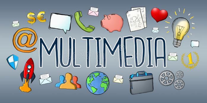 the word multimedia surrounded by many different items and symbols on a gray background royalty illustration