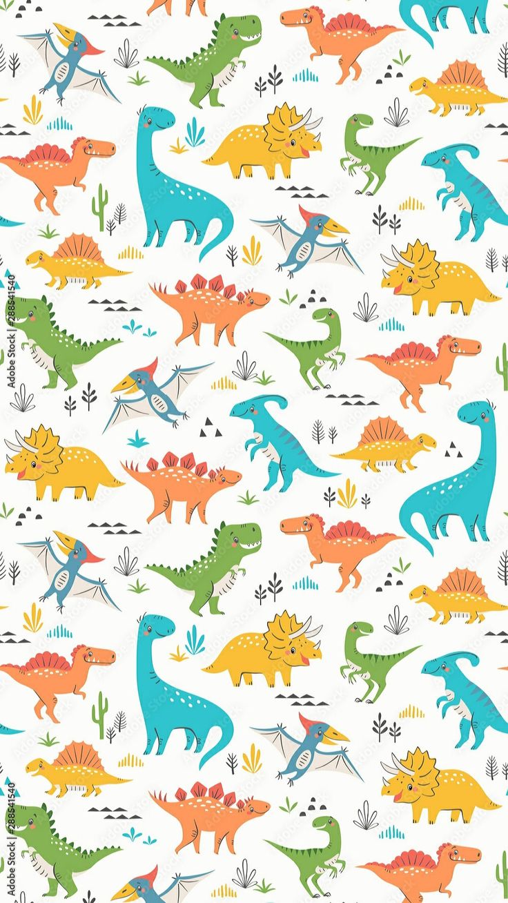 colorful dinosaurs on white background with plants and leaves in the foreground, seamlessly