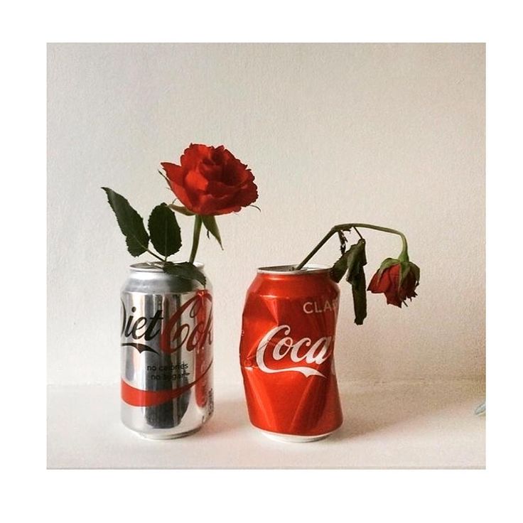 two cans with roses in them sitting next to each other