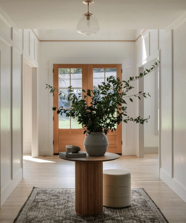 a potted plant sitting on top of a table in front of a door way