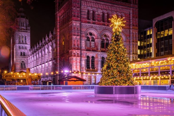 a christmas tree is lit up in front of a large building