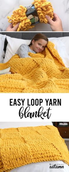 a woman laying in bed under a yellow blanket with text overlay that says easy loop yarn blanket