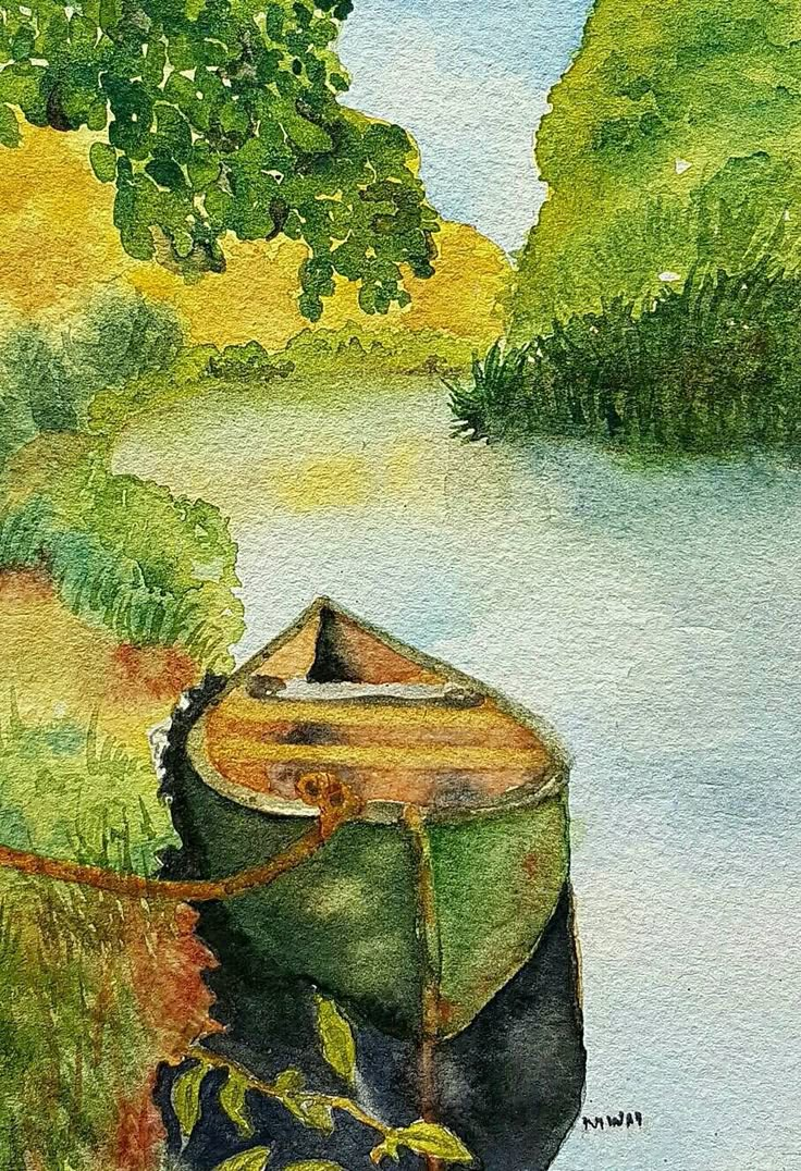 a painting of a boat in the water by some grass and trees with green leaves