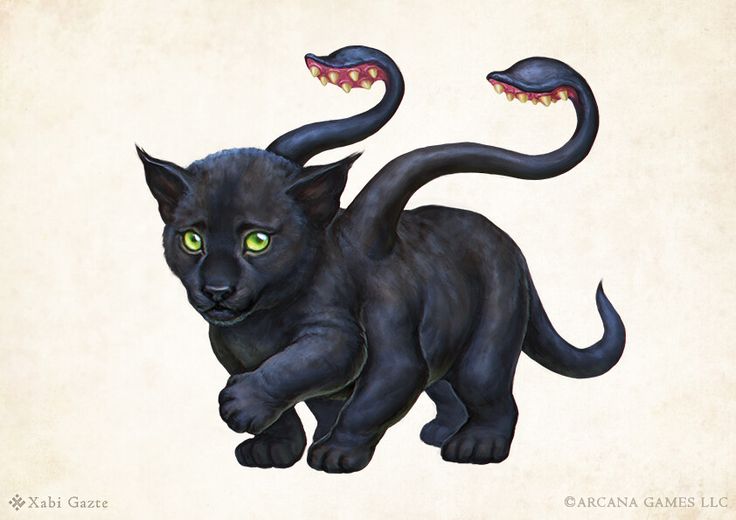 a painting of a black cat with green eyes and fangs on its tail, running