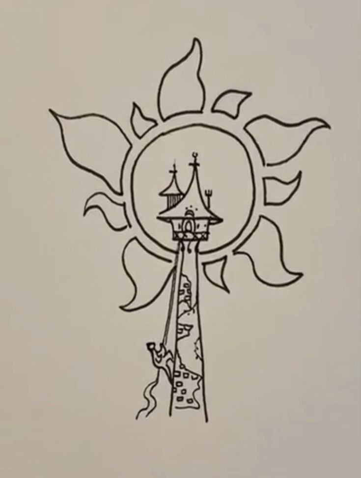 a drawing of a lighthouse with the sun behind it