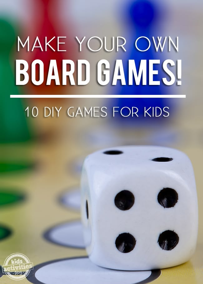 a close up of two dices on a table with the words make your own board games 10 diy games for kids