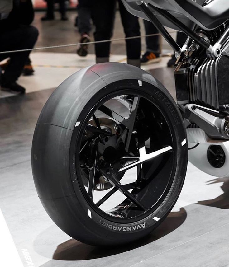 the front wheel of a motorcycle on display