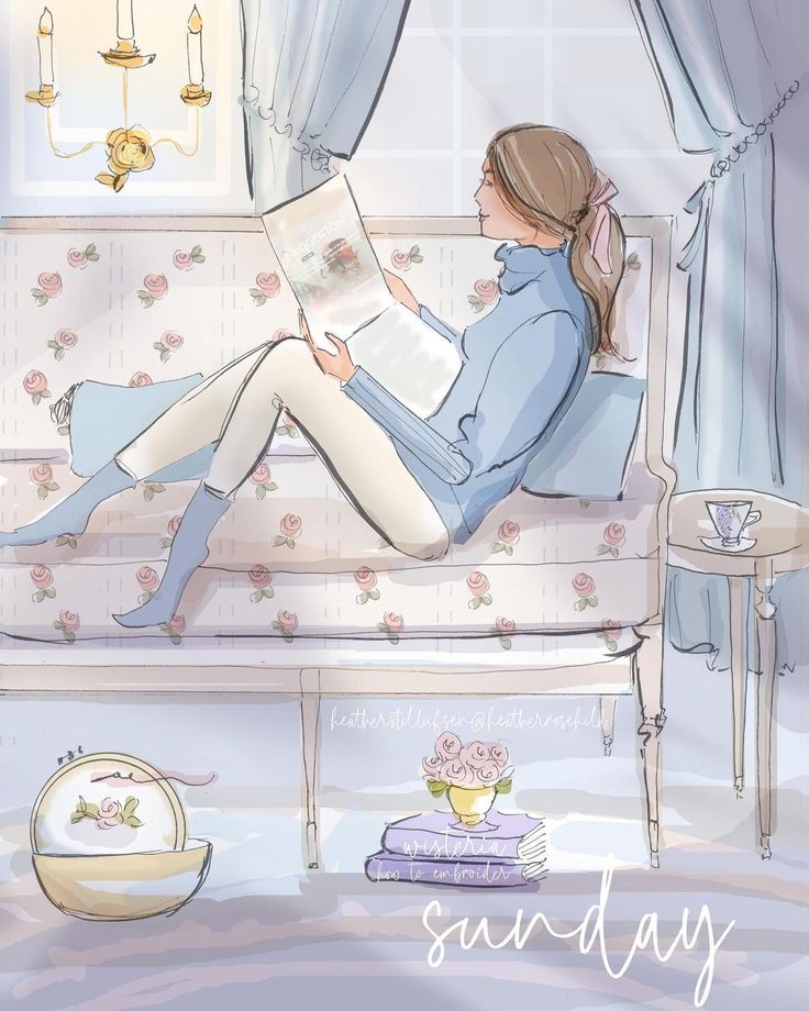 a drawing of a woman sitting on a couch with a book in her lap and looking out the window