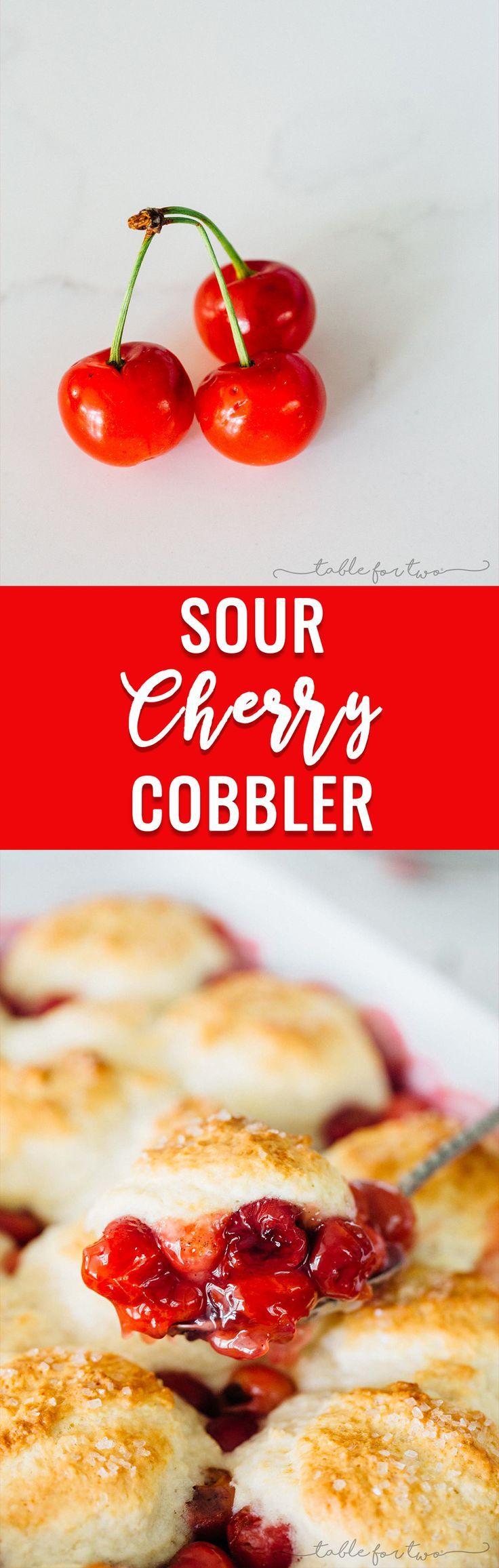 cherry cobbler with text overlay that reads sour cherry cobbler on the bottom