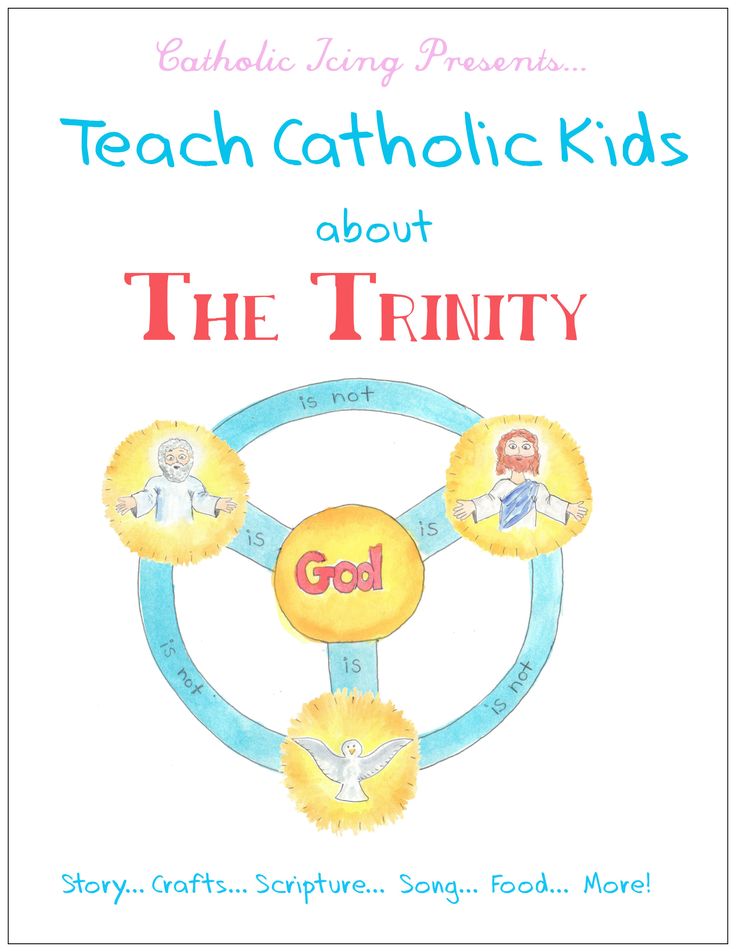 a book cover with the words teach catholic kids about the trinity and four circles around it