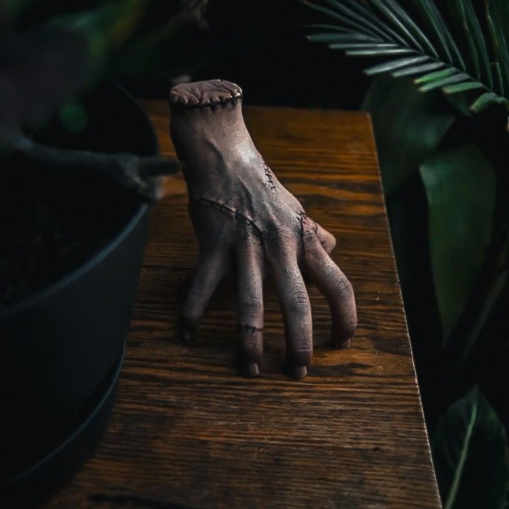 a person's hand on top of a table next to a potted plant