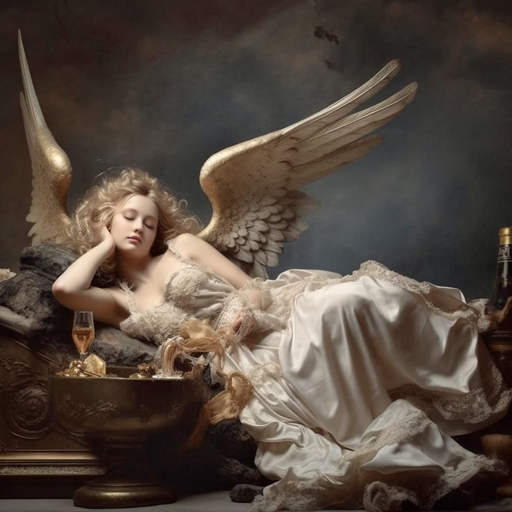 a woman with angel wings laying on a table