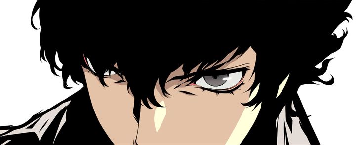 an anime character with black hair and blue eyes