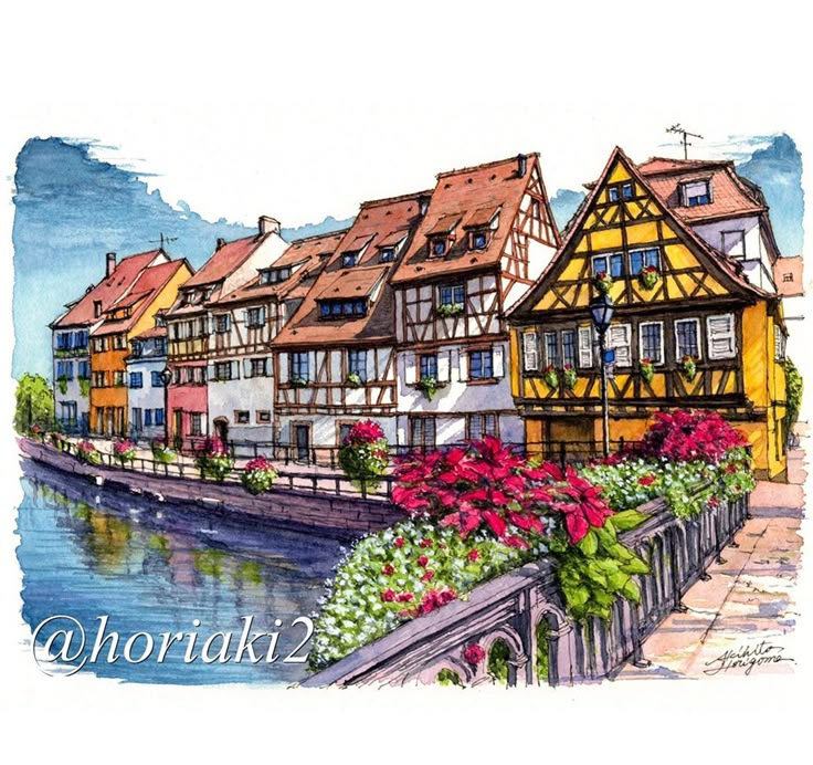 a watercolor painting of some buildings and flowers by the side of a river in germany