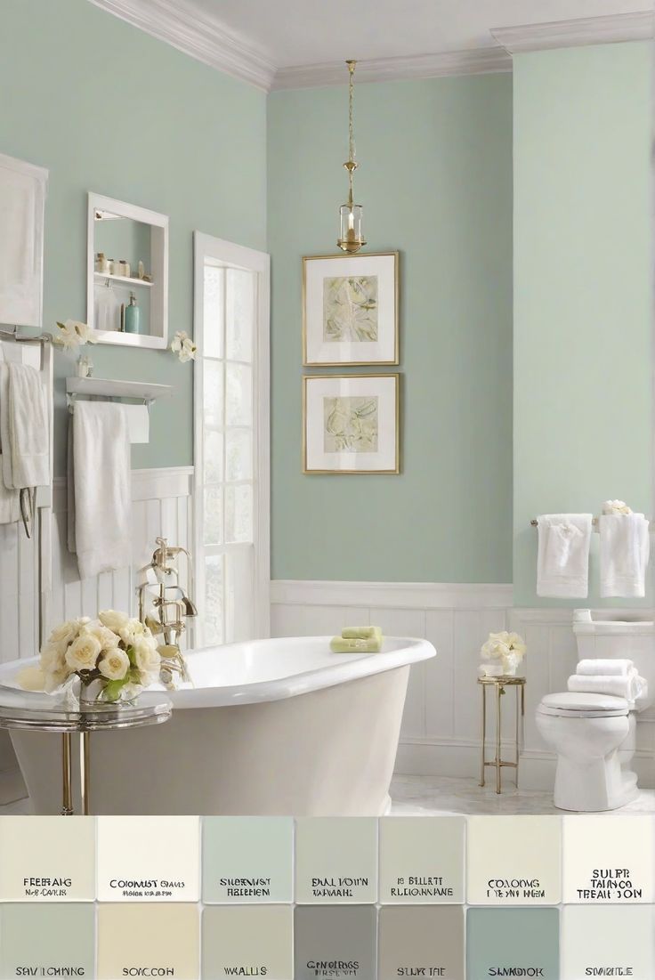 bathroom makeover, bathroom decoration, interior paint colors, bathroom wall decor Sage Green Wall Bathroom, Light Green Walls Bathroom, Sage Green Walls Bathroom, Sea Foam Bathroom, Seafoam Bathroom, Soft Green Paint Color, Green Small Bathrooms, Seafoam Green Bathroom, Bathroom Paint Ideas