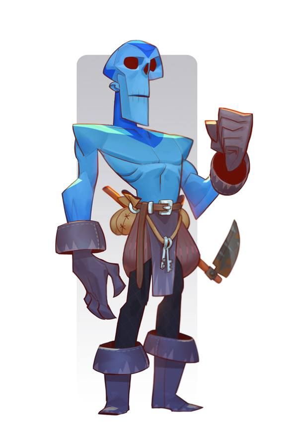 an animated blue man holding a knife and wearing boots