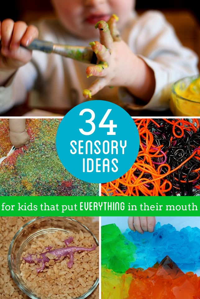 four different pictures with the words, 34 sensory ideas for kids that put everything in their mouth