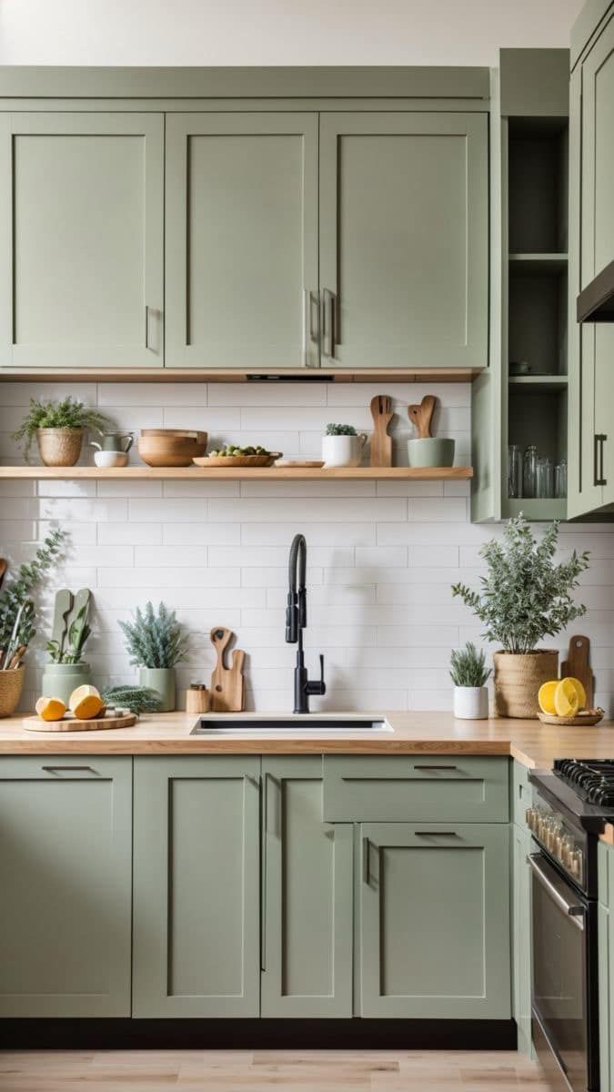 a kitchen filled with lots of green cabinets and wooden counter tops next to a stove top oven