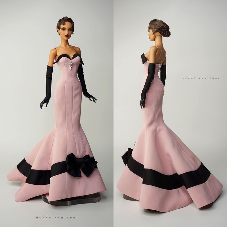 two photos of a woman in a pink dress with black trims and gloves on