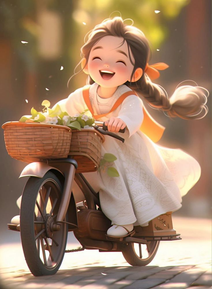 a girl riding on the back of a bike with a basket full of grapes in it