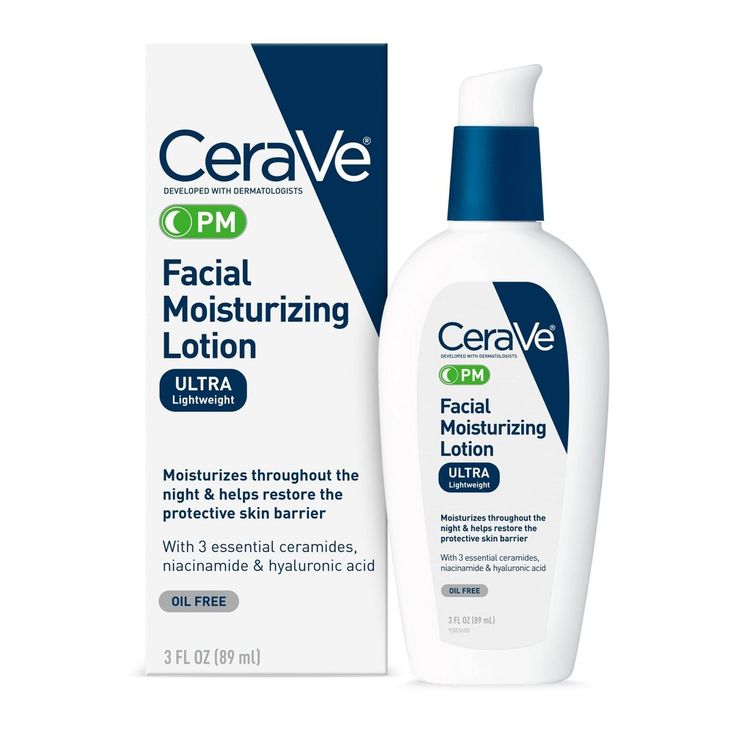 Developed with dermatologists, CeraVe PM Lightweight Facial Moisturizing Lotion for Nighttime use has an ultra-lightweight, unique formula that moisturizes throughout the night and helps restore the protective skin barrier with three essential ceramides (1,3,6-II). The formula also contains hyaluronic acid to help retain skin's natural moisture and niacinamide to help calm skin CeraVe PM Ultra-Lightweight Facial Moisturizing Lotion is oil-free, non-comedogenic and fragrance-free. How to Use: App Evening Skincare Routine, Profumo Victoria Secret, Cerave Skincare, Evening Skincare, Facial Lotion, Moisturizing Lotion, Oil Free Moisturizers, Face Lotion, Facial Moisturizers