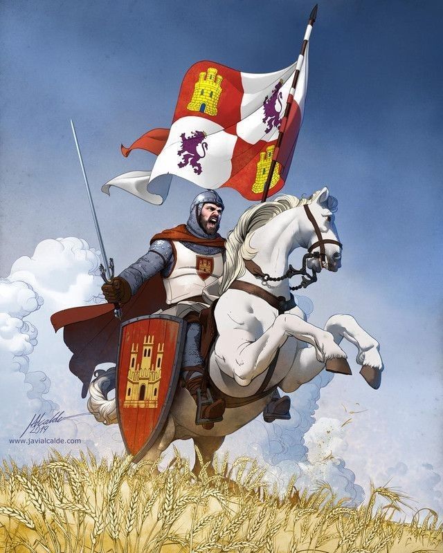 a man riding on the back of a white horse next to a flag